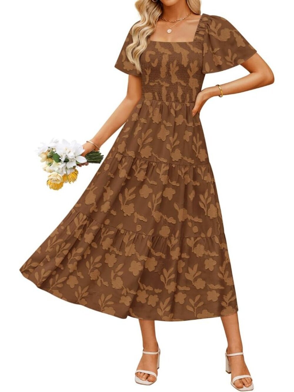 Women‘s Summer Floral Midi Dress Caramel Short Sleeve Square Neck Flowy Beach